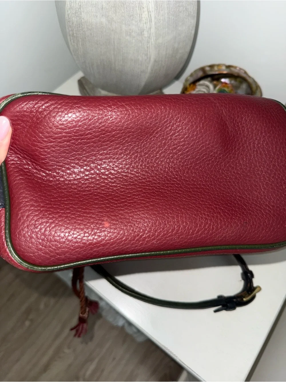 Very RARE Dooney & Bourke Burgundy Bucket Bag with Green Trim and Brown Accents